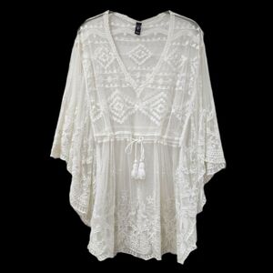 WINDSOR Ivory Mesh And Lace Beach Coverup, Small Medium, Drawstring Waist